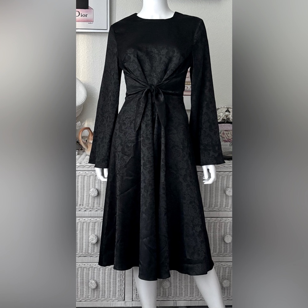 Fame And Partners Black Satin Textured Floral Midi Dress Bell Sleeves Size 8